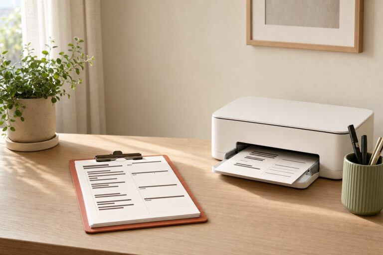 Terracotta clipboard holding a week of printed planner pages on a wooden desk beside a small home printer