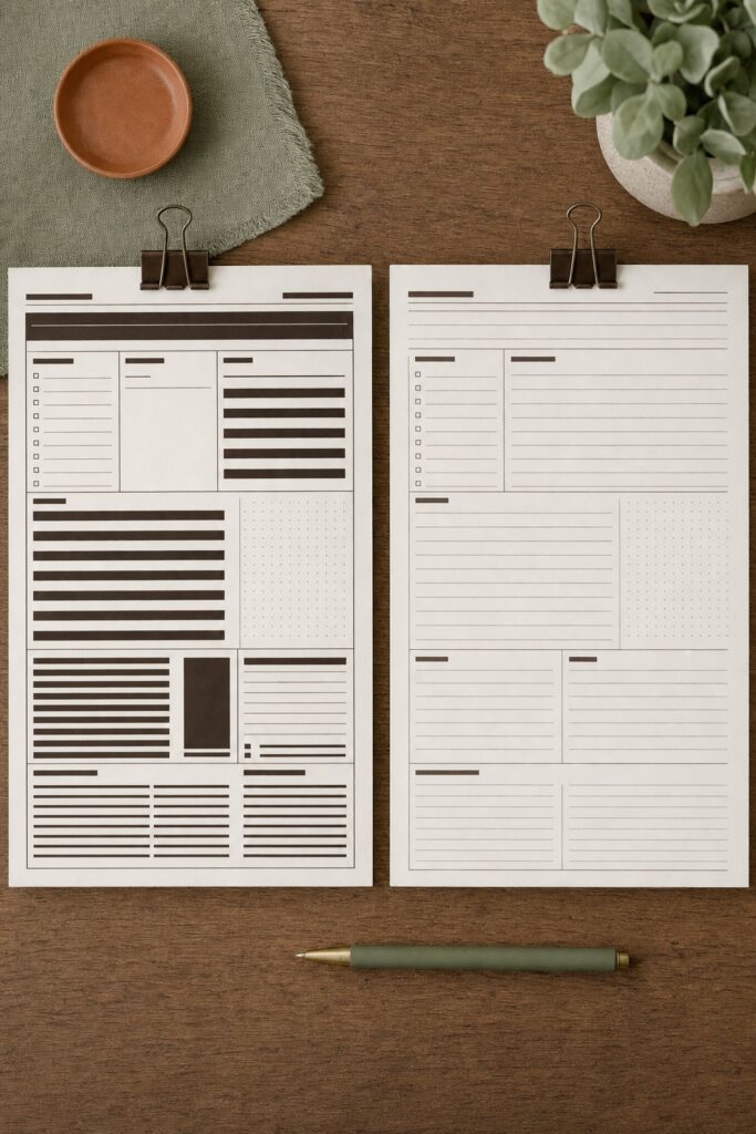 Two printed planner pages side by side, one densely shaded with filled blocks and one light with thin rules