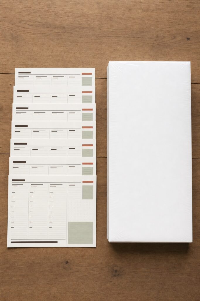 Seven printed planner pages fanned out beside a thick untouched ream of paper on a desk