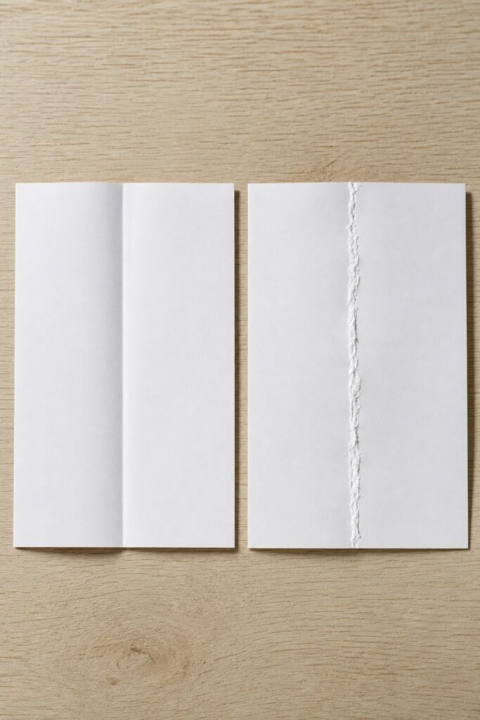 Close-up of two folded sheets, one with a smooth clean crease and one with a rough cracked white line along the fold