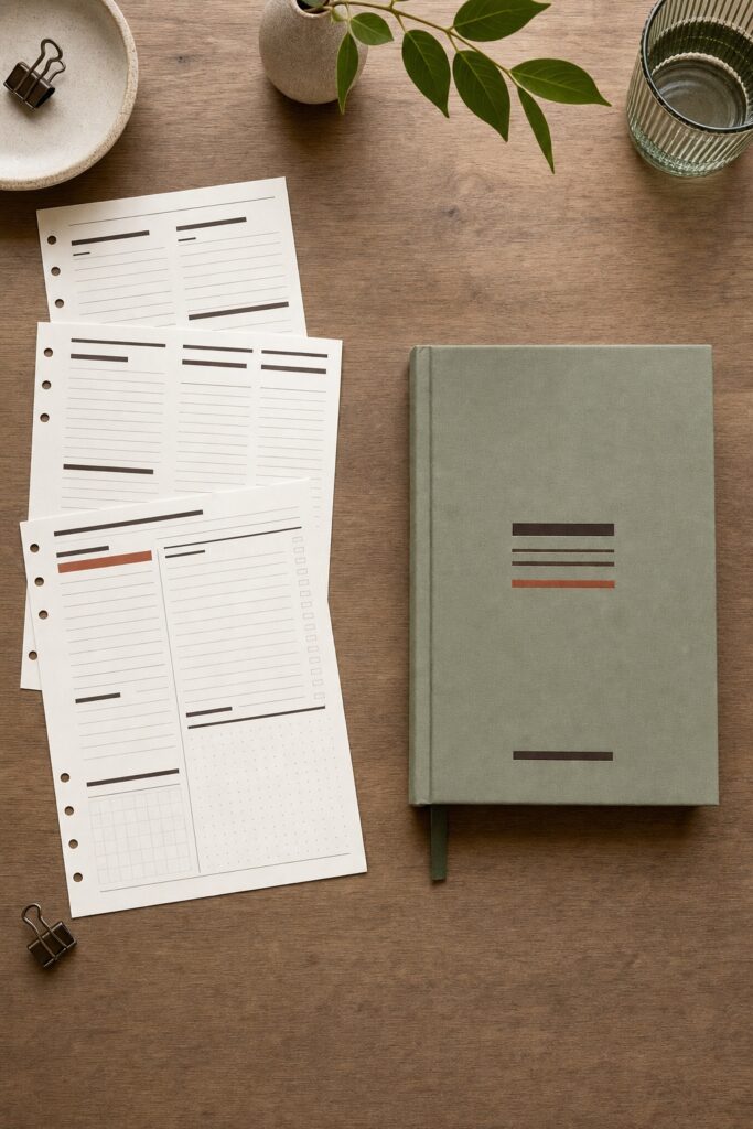 Loose printed planner pages beside a thick bound planner book on a desk, shown as an even comparison