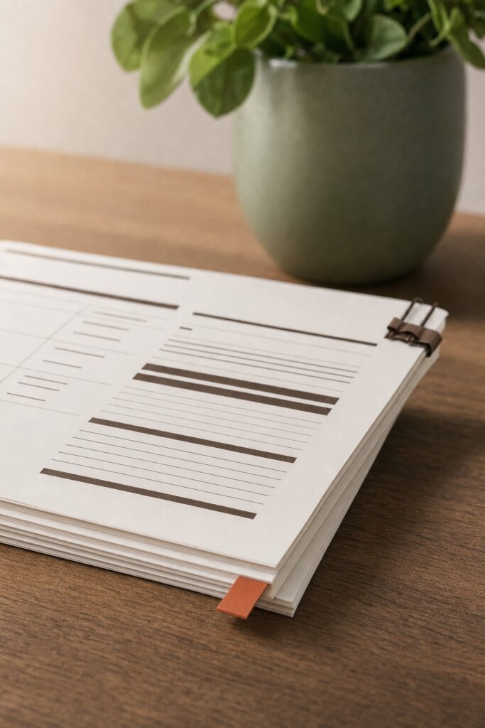 Small remaining stack of planner pages with one page near the bottom marked by a bright tab standing out from the edge