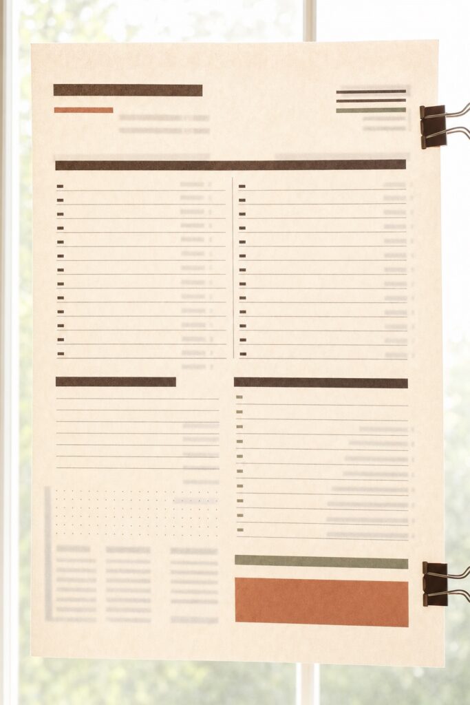 Printed planner page held up to a window with the printing from its reverse side faintly showing through