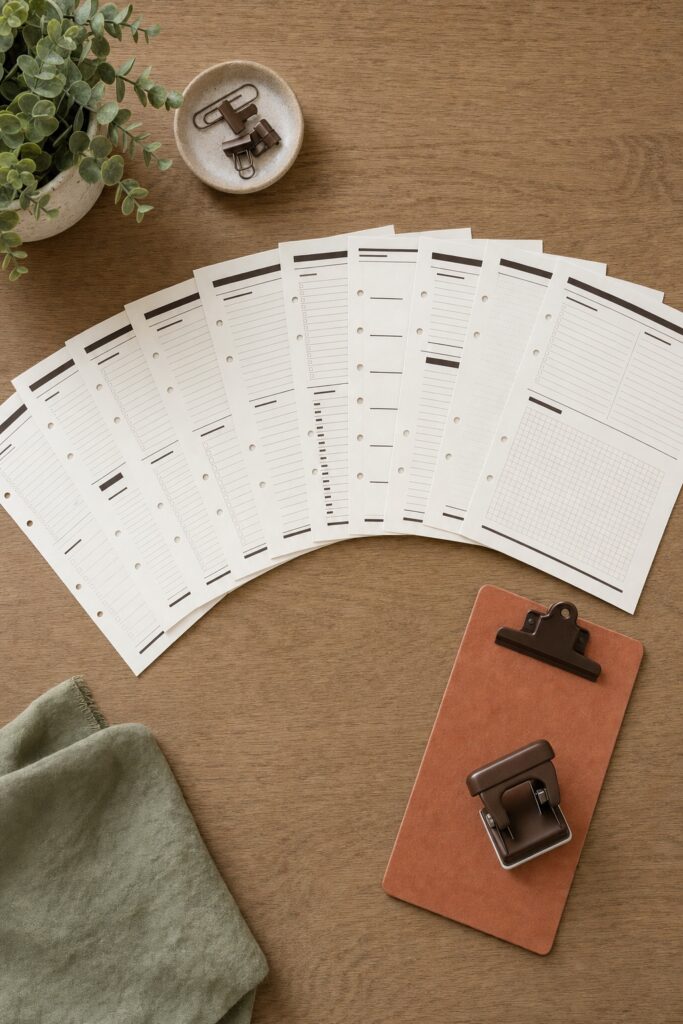 About a dozen printed planner pages fanned in an arc on a desk beside a terracotta clipboard and a hole punch