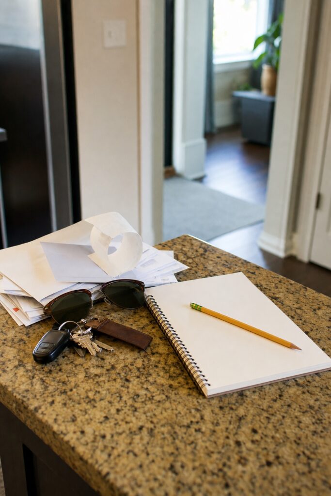 Blank notepad and pencil on a counter next to a small pile of everyday clutter near a doorway during an organization audit