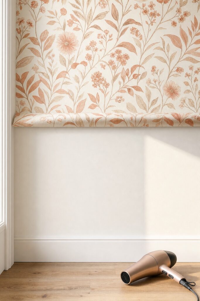 Peel and stick wallpaper strip folded back parallel to the wall during removal with clean intact paint underneath