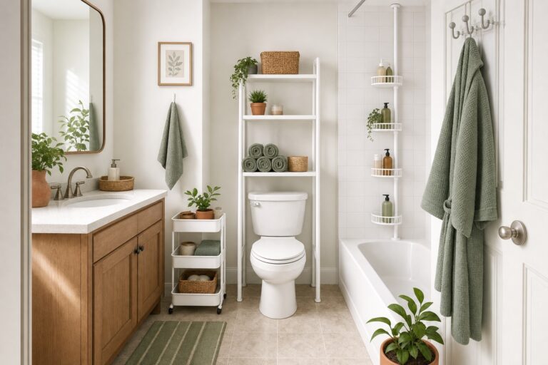 Small rental bathroom with an over toilet shelf tower, tension shower caddy, door hooks, and a slim rolling cart providing storage without drilling