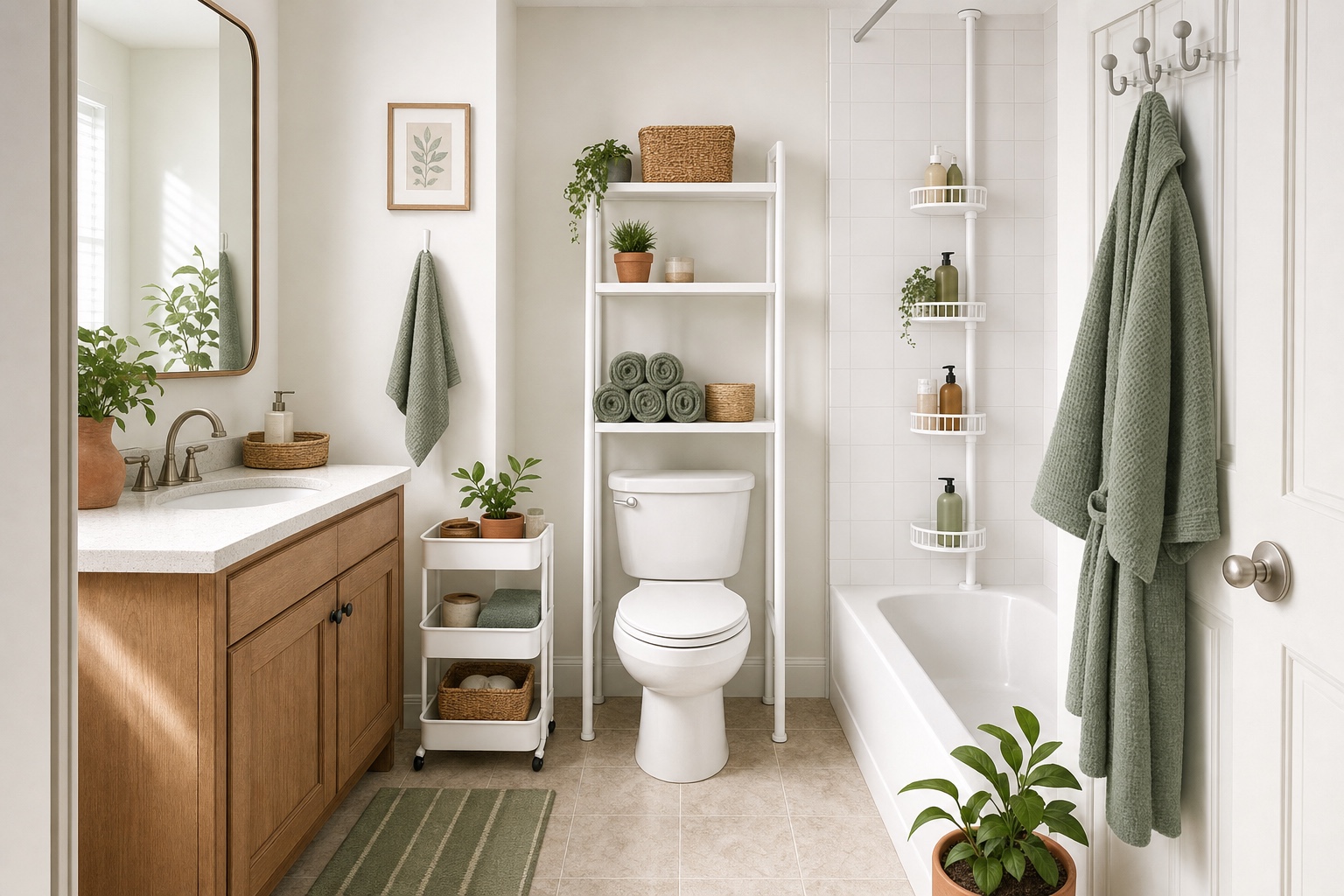 Small rental bathroom with an over toilet shelf tower, tension shower caddy, door hooks, and a slim rolling cart providing storage without drilling