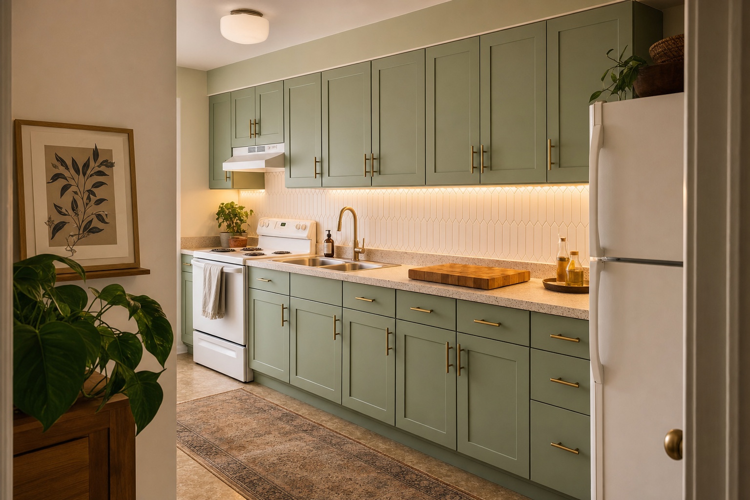 Rental kitchen after a reversible weekend makeover with sage cabinet film, brass pulls, peel and stick backsplash, and warm lighting