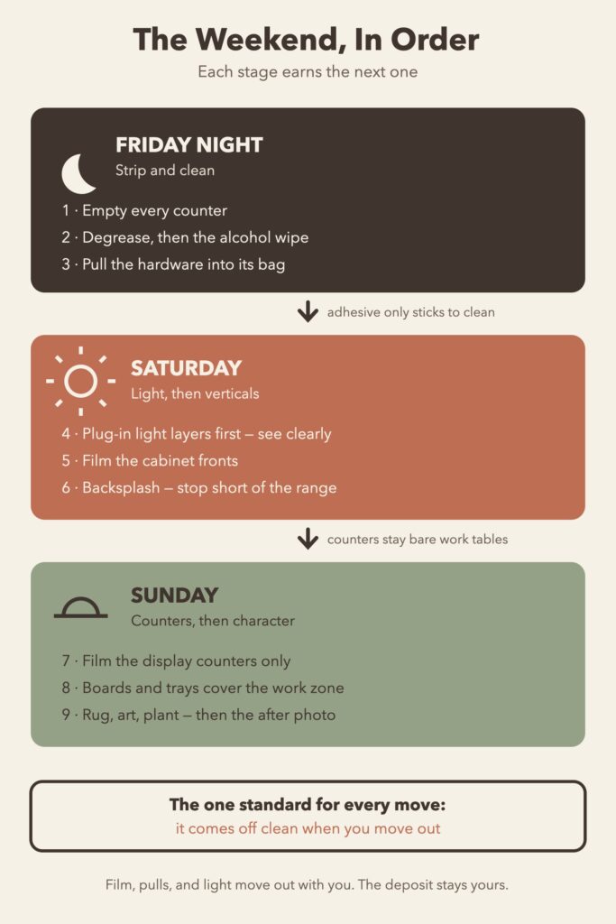 Diagram of a weekend rental kitchen makeover schedule showing Friday cleaning, Saturday lighting and cabinet work, and Sunday counters and styling