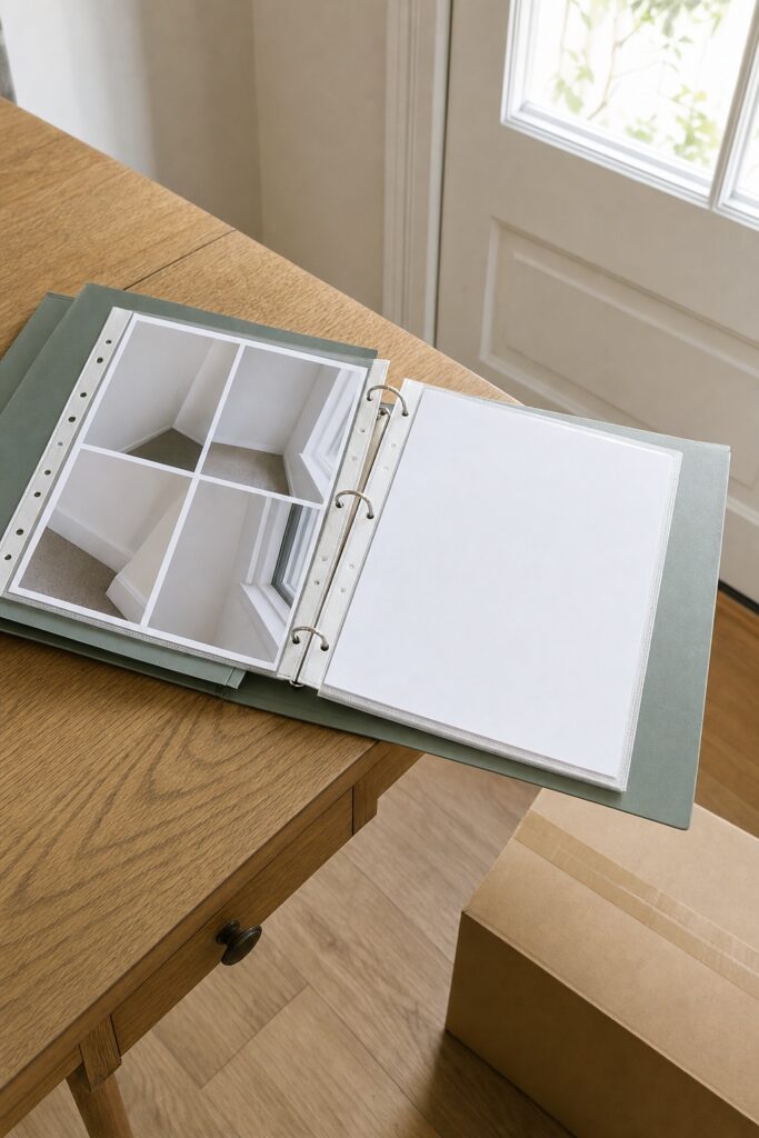 Renter's binder open showing printed photos of room corners in sheet protectors beside a blank document with a moving box nearby