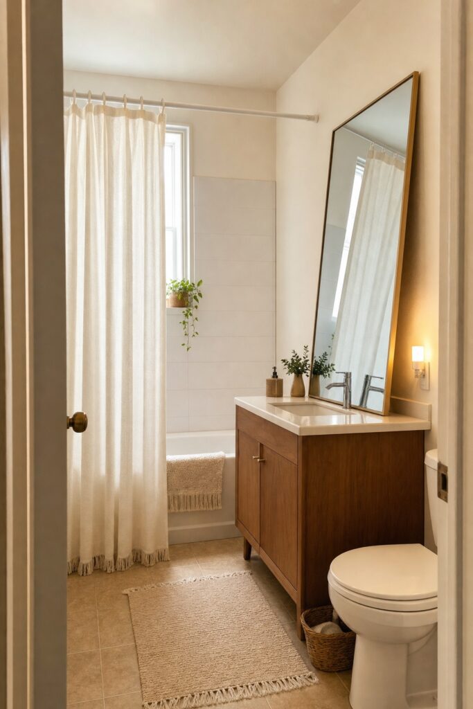 Rented small bathroom using a tension shower rod, a leaning oversized mirror, and a plug-in light with no drilling