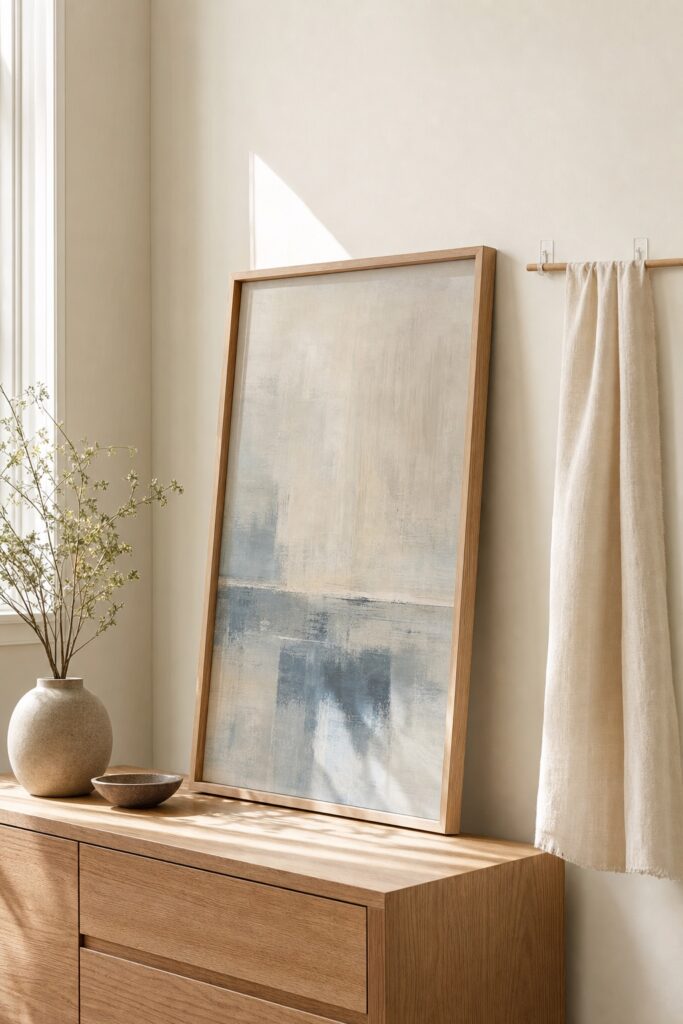 Rented bedroom with an oversized framed artwork leaning on the dresser and a light fabric hanging on the wall with no drilling
