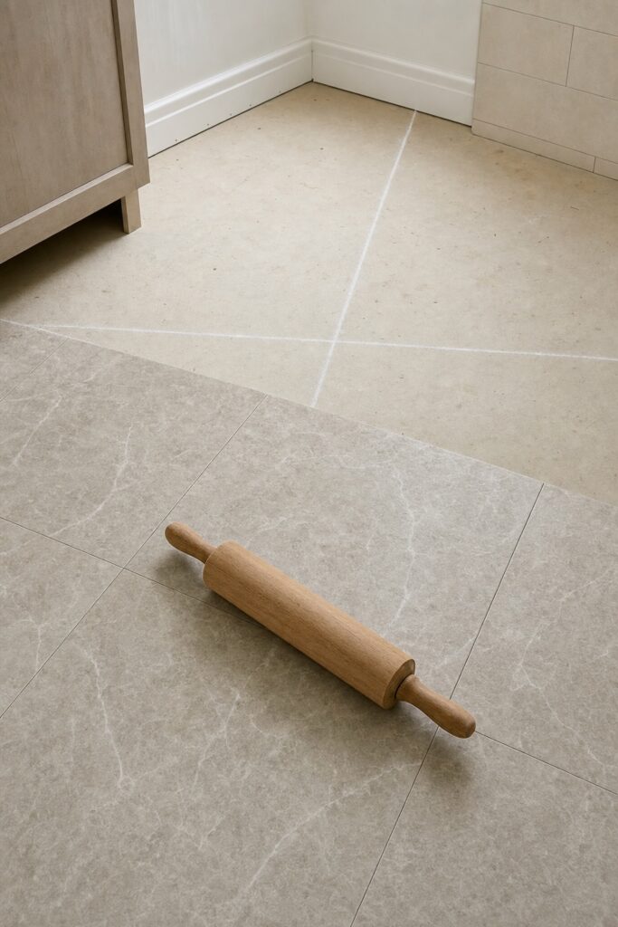 Wooden rolling pin resting on freshly laid marble look peel and stick floor tiles at the center of a small bathroom floor