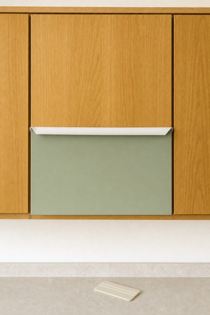 Cabinet door half covered in sage green removable film with backing peeling away while neighboring doors are still golden oak