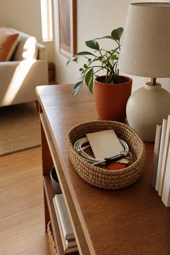 Small woven basket on a living room shelf holding miscellaneous items while the room around it stays tidy