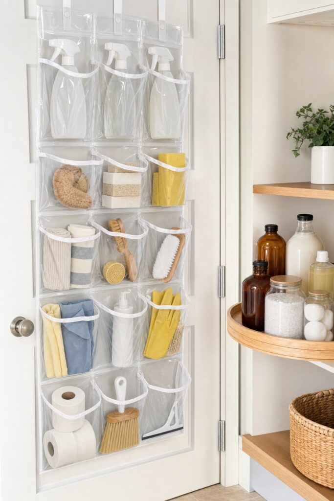 Over the door clear pocket organizer holding cleaning supplies with a turntable of jars on a nearby shelf