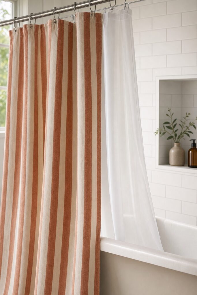 Shower rod with rings holding a decorative curtain outside the tub and a plain liner tucked inside the rim