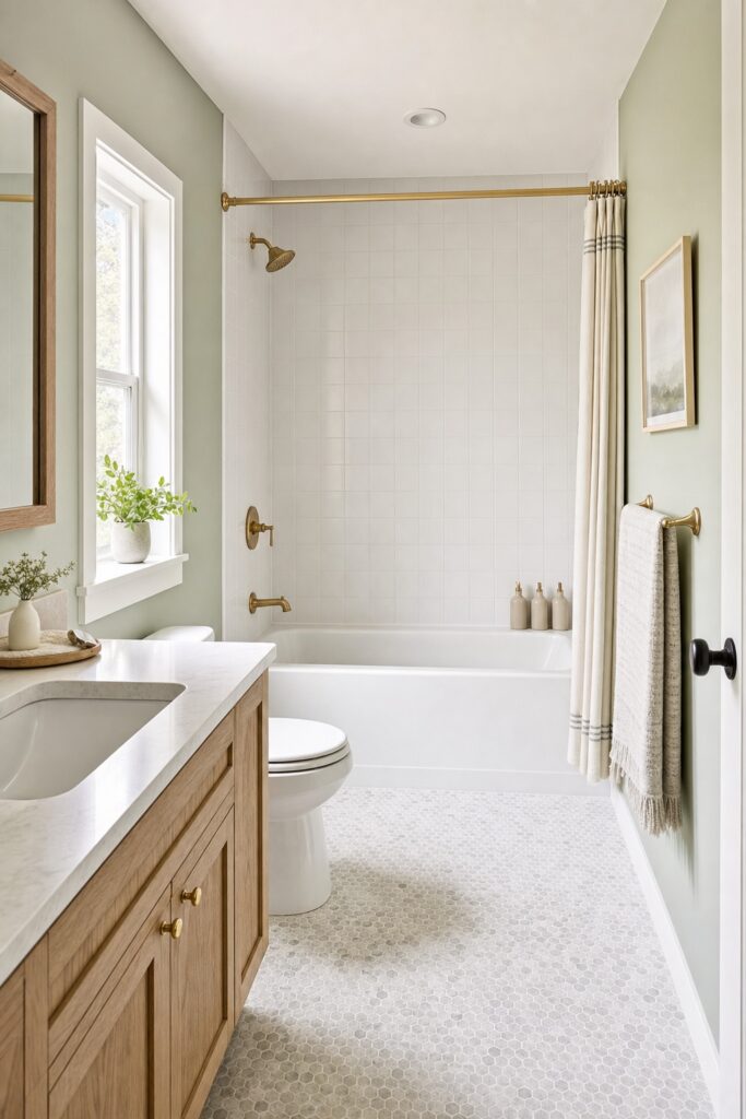 Small bathroom with the shower curtain drawn open showing a tidy tub alcove and a clear sightline to the back wall