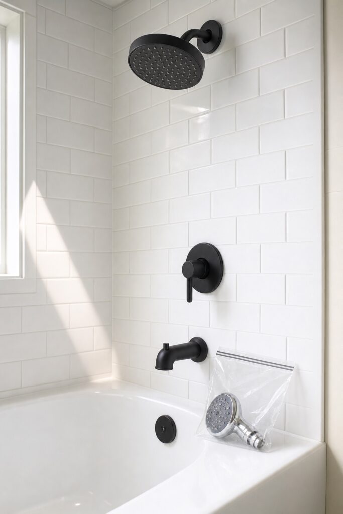 New showerhead installed above a tub with the original showerhead stored in a clear zip bag on the tub edge