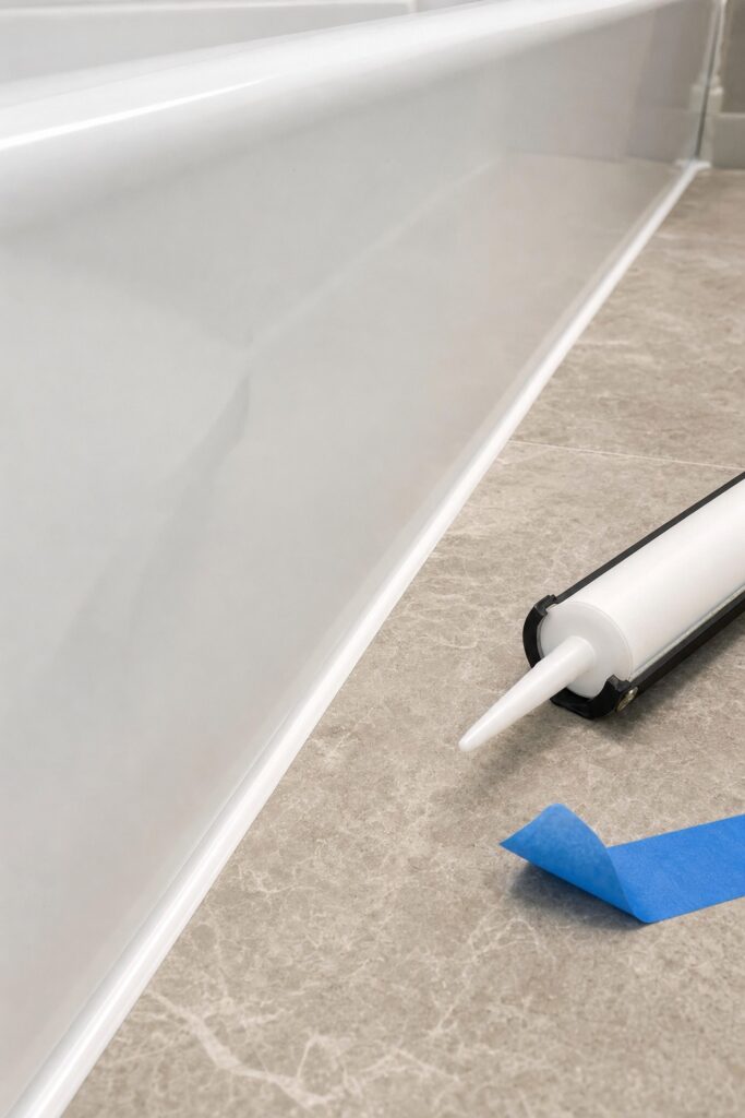 Fresh silicone bead sealing the joint where new vinyl floor tile meets a white bathtub with a caulk gun resting nearby