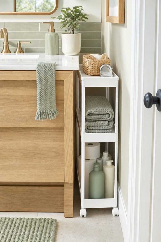 Slim white rolling cart fitted into the narrow gap beside a bathroom vanity with supplies contained on its tiers
