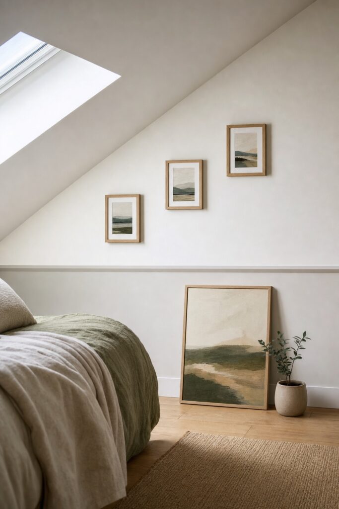Sloped bedroom wall with a low row of small frames stepped along the slope angle and one artwork leaning below