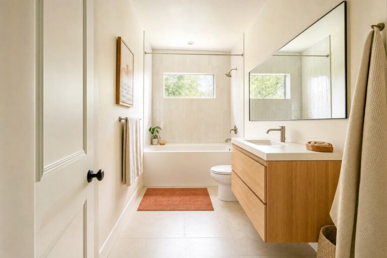 Small bathroom with the shower curtain drawn open, an oversized mirror, and one unbroken floor run that makes the room feel bigger