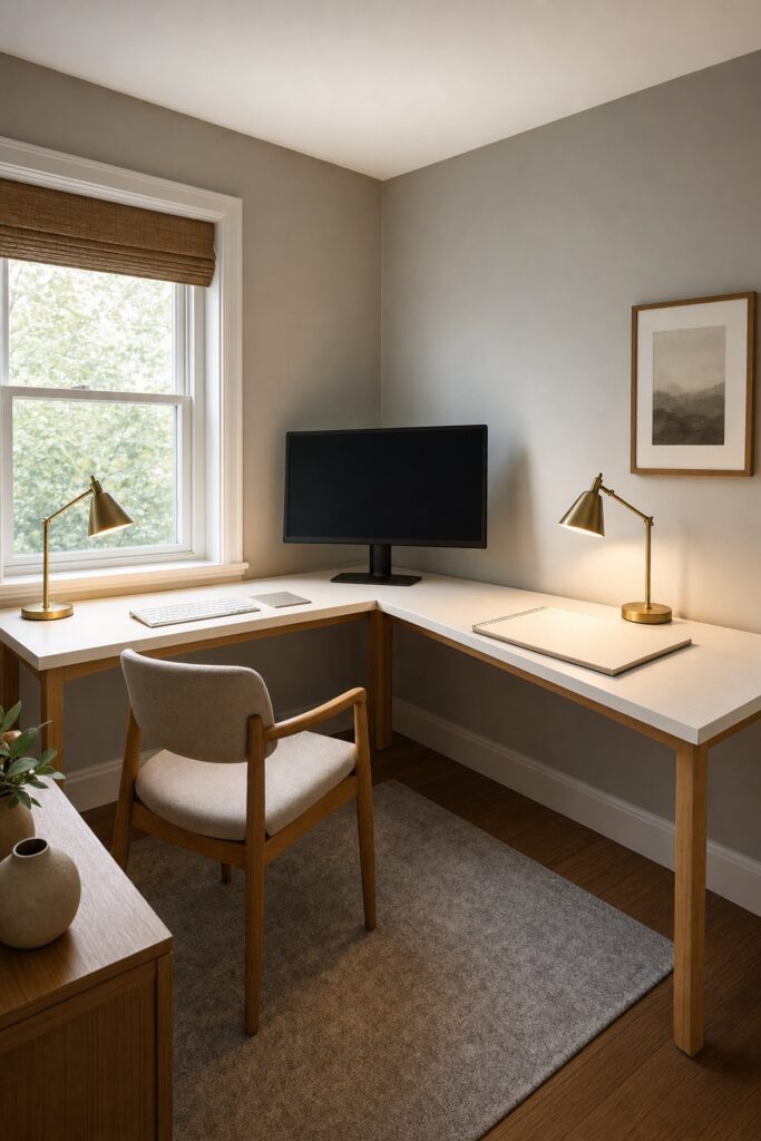 Corner desk wrapping two walls of a small office with the monitor set across the corner and a lamp on each wing