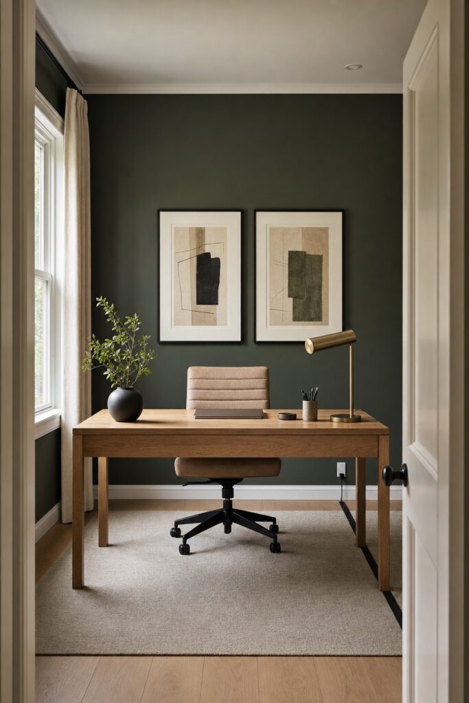 Floated desk facing the room in a small office, chair backed by a calm wall with two framed prints, window to the side
