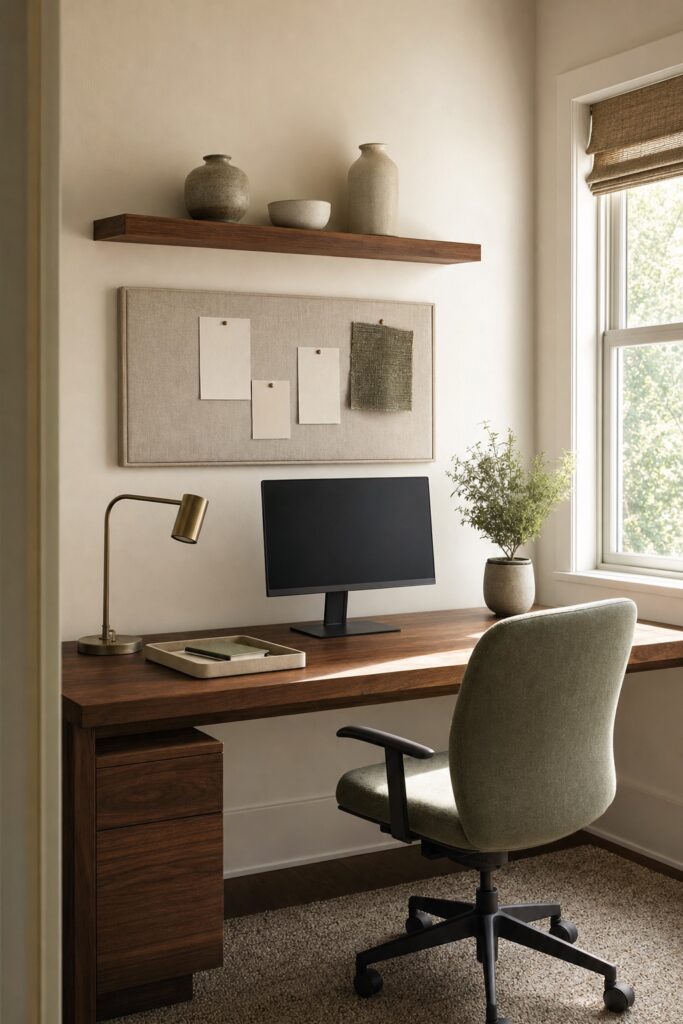 Wall-facing desk in a small office with one wood shelf and a linen pinboard above it and the window to the side