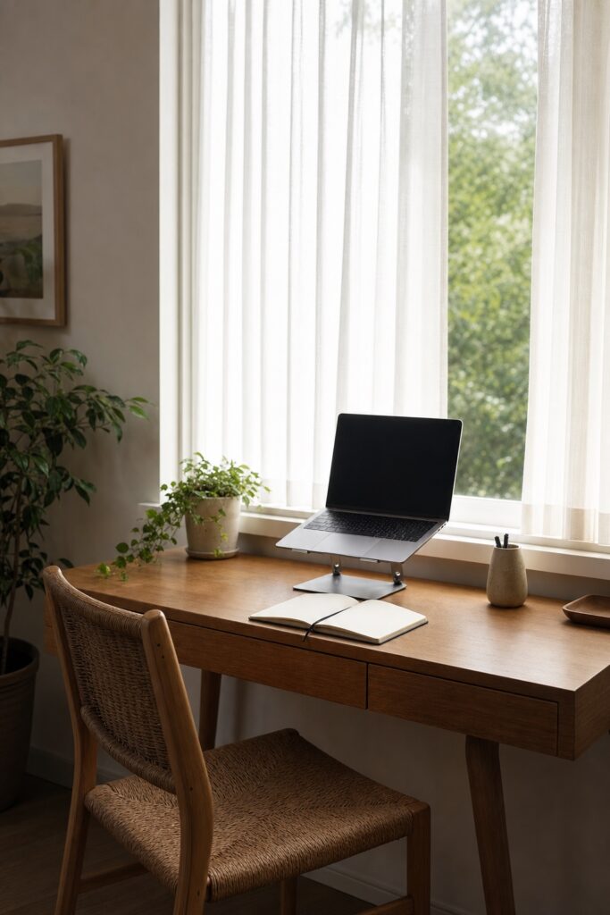 Desk facing a bright window softened by a sheer curtain in a small office, monitor angled slightly off the glass