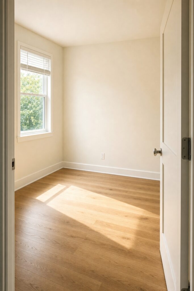 Small empty room with a window, an open door and bare walls waiting for a desk position to be chosen