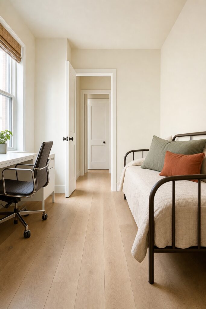 Guest bed set up in a small room with a clear unobstructed walking path running past it to the door