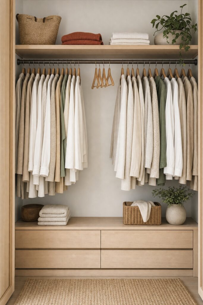 Closet rail mostly full of clothes with one short cleared section holding a few empty hangers