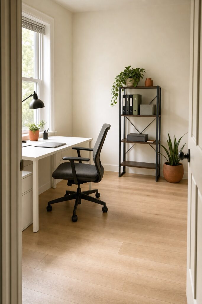 Spare room working as an office with a clear desk, task chair and no bed visible anywhere in the room