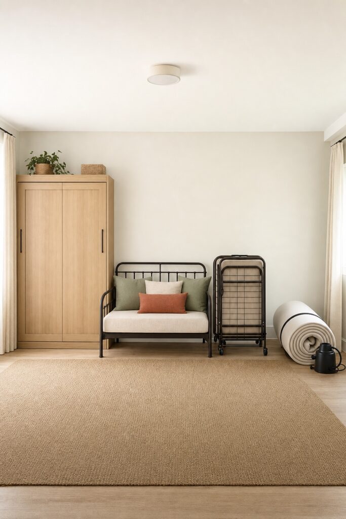 Four guest bed options shown together: a wall bed, a daybed, a folding bed and an air bed