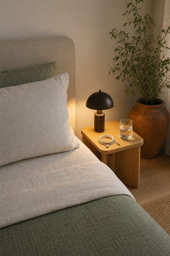 Small bedside surface beside a made guest bed holding a lamp, a charging cable and a glass of water