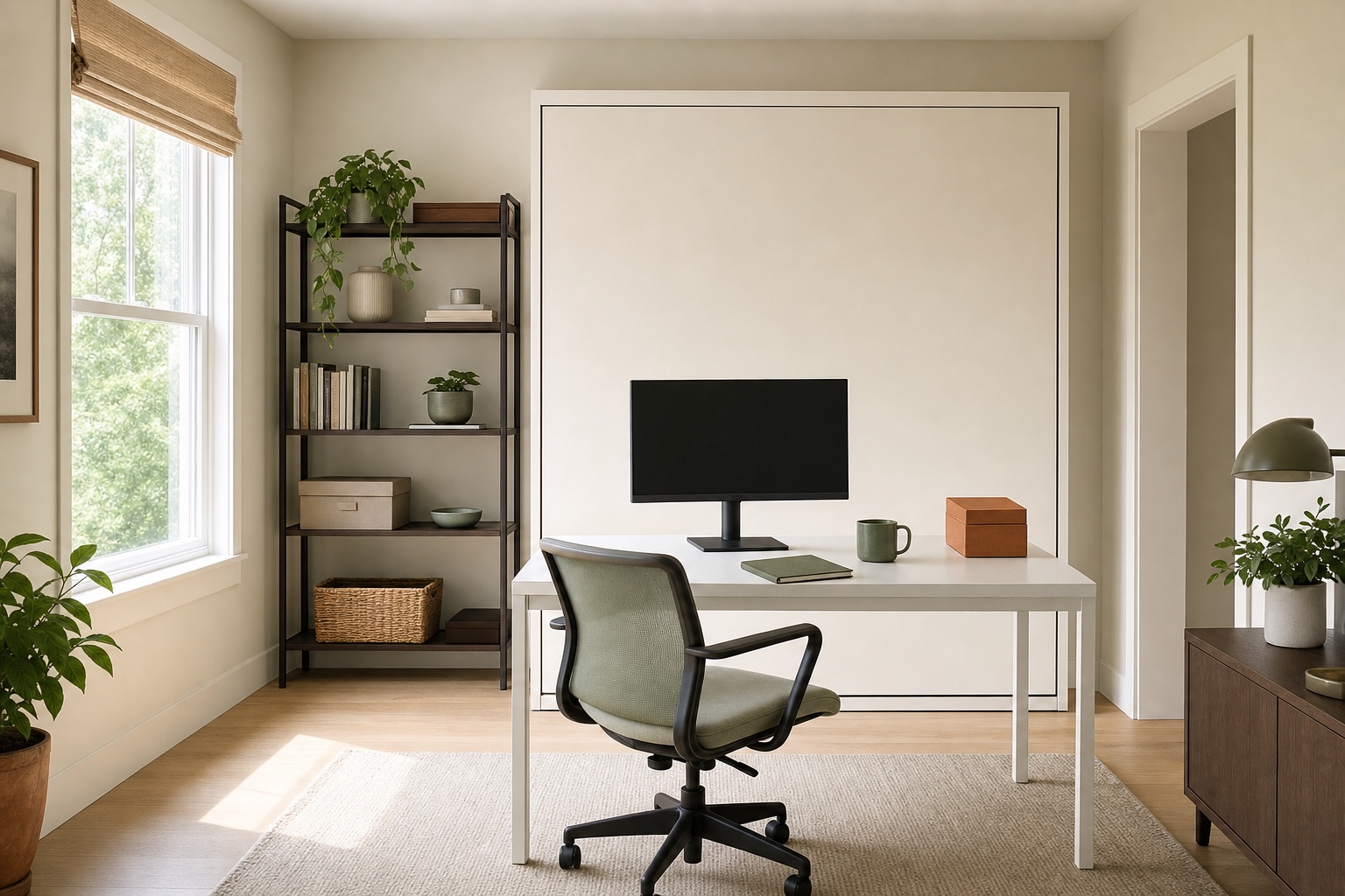Small spare room set up as a working home office with a plain closed wall bed cabinet behind the desk