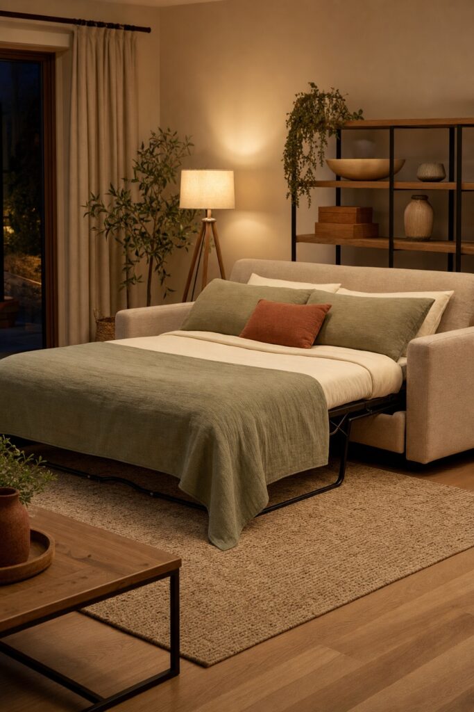 Sofa bed opened out in a living room as an alternative to converting a small office