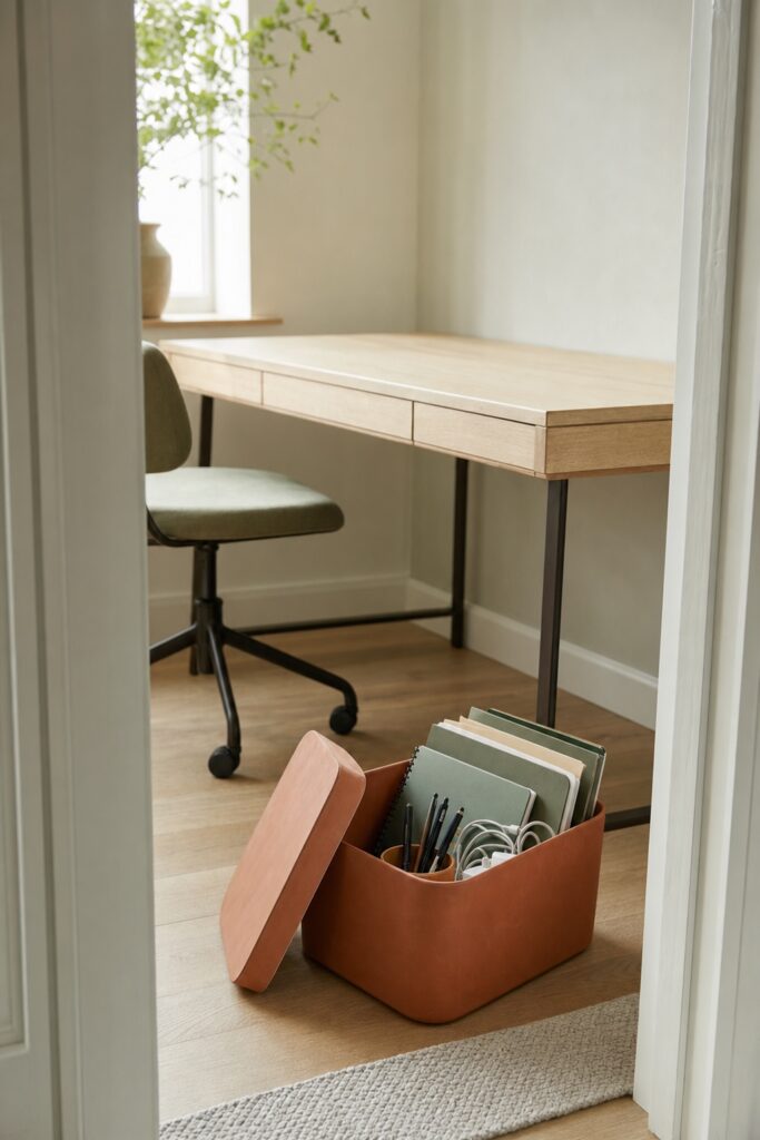 Terracotta storage box filled with desk items being carried out, leaving a completely clear desk