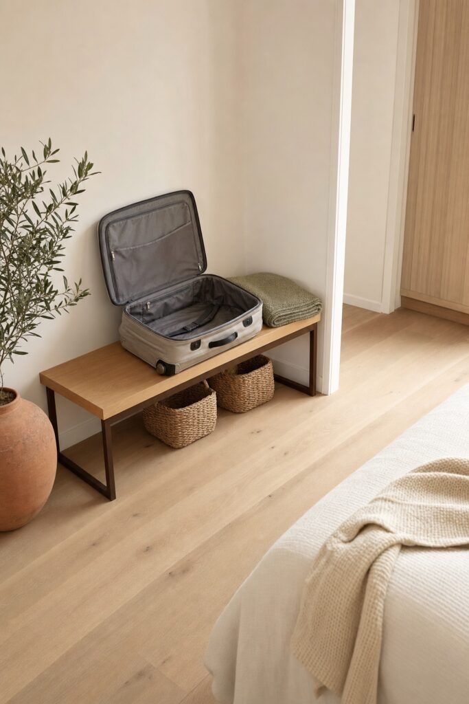 Open suitcase resting on a low wooden bench in a corner, clear of both the bed and the walking path