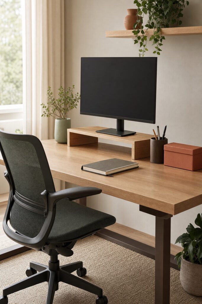 Desk with a monitor raised on a stand, a real task chair and everyday work items within arm's reach