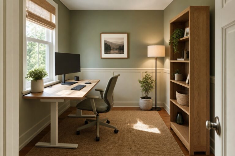 Small home office with a wall-facing desk, window to the side, one tall bookcase and a warm lamp in an 8-by-10 room