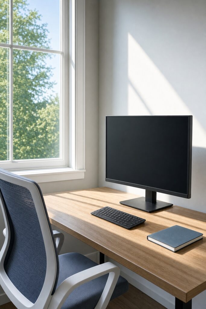 Monitor set at a right angle to a bright window so daylight rakes across the screen without reflecting on it