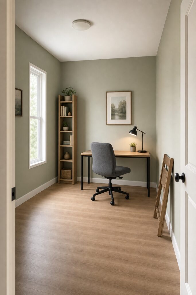 Small office furnished with a slim desk, mid-back task chair, one tall shelf and one folding chair instead of oversized office furniture