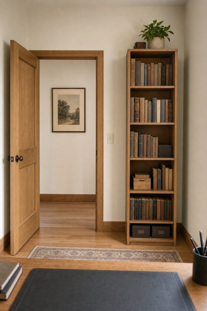 Tall narrow bookcase tucked on the wall the door swings toward in a small office, outside the desk's sightline