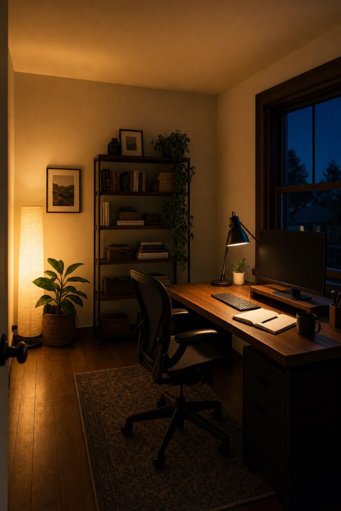 Small office at night lit by a desk lamp aimed at the keyboard and papers plus a soft corner floor lamp keeping the room visible