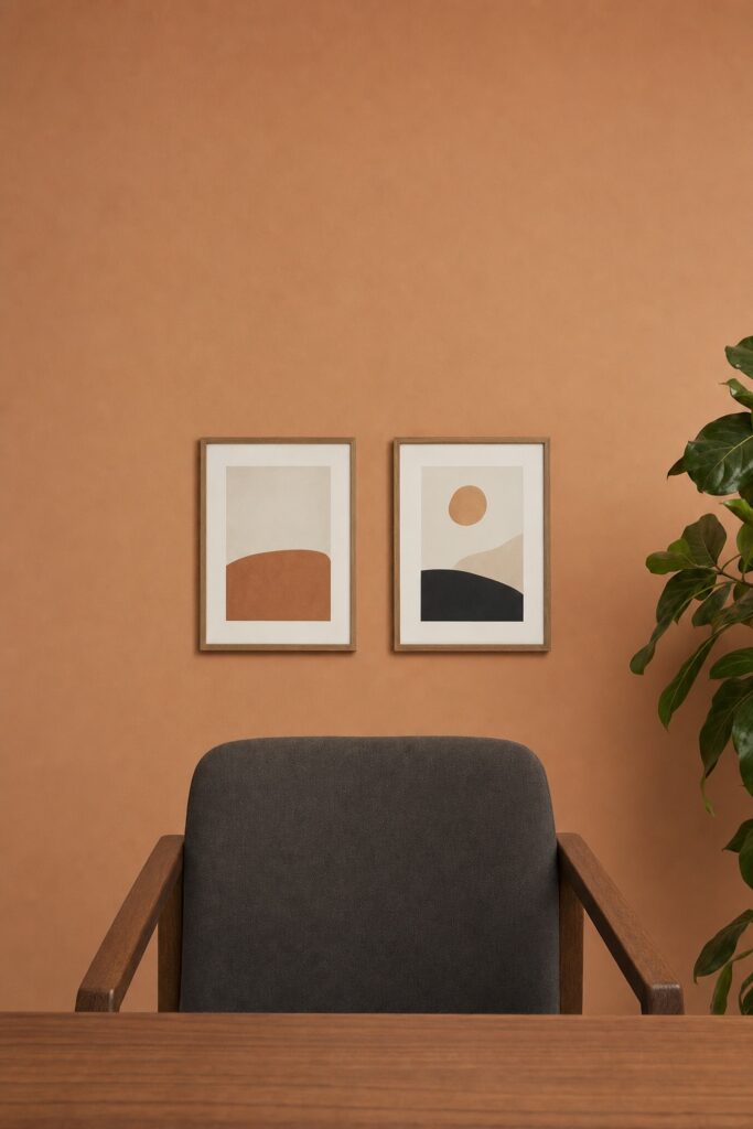 Calm wall strip behind a desk chair styled for video calls with two framed prints at seated head height and a plant edge