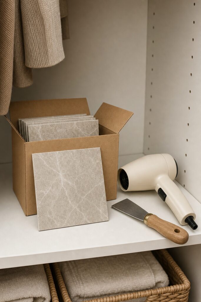 Plain box of spare vinyl floor tiles in a closet with one tile out and a hair dryer resting beside it